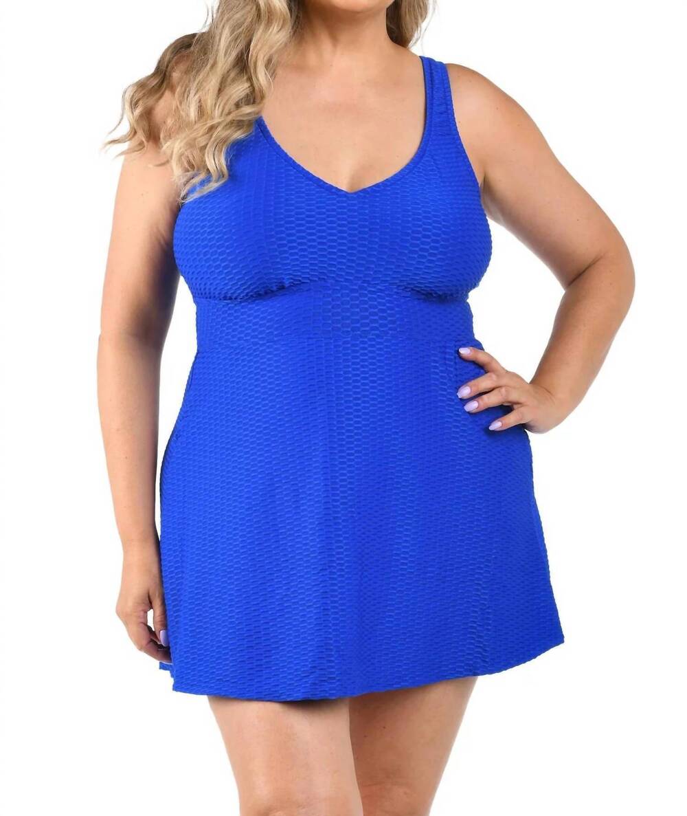 NEW MAXINE OF HOLLYWOOD textured spa v-neck swim dress one piece - plus in cobal
